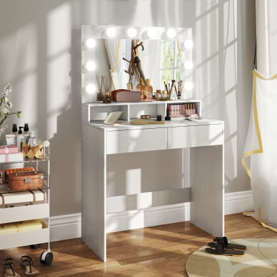 HOMCOM Kaptafel met Verlichte Spiegel, Laden, 3 Lichtopties, 10 Lampen, Hedendaagse Witte Make-uptafel