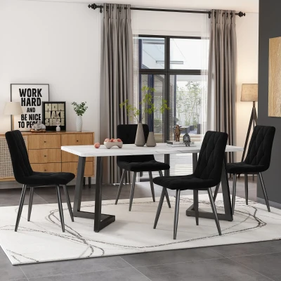 Set di 4 sedie imbottite in velluto twill per la sala da pranzo con Schienale, Struttura in Metallo, Nero
