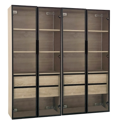 Set di 2 armadietti da bagno con illuminazione LED, 2 grandi cassetti e 2 ante, vetro satinato, 74×36×155 cm, Naturale
