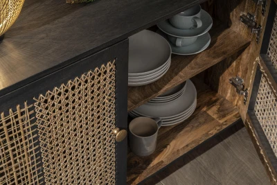 STONES Madia in legno di mango con ante in rattan intrecciato, 160x38x75, Grigio