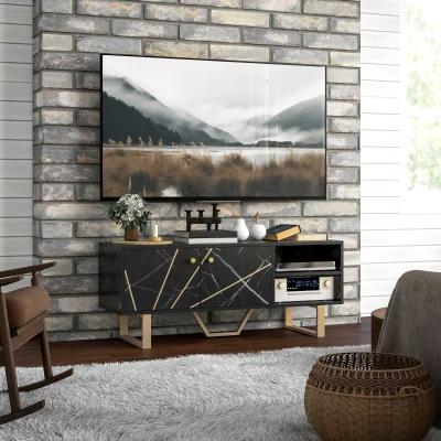 HOMCOM Móvel de TV com Prateleira Ajustável e Efeito Mármore Móvel de TV para Sala de Estar para Televisores de 50 Polegadas 110x35x45 cm Preto e Dourado