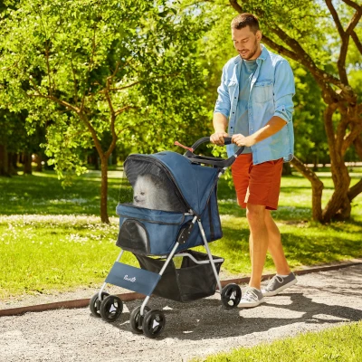 PawHut Carrinho para Animais de Estimação Dobrável com Capô Ajustável Cesta de Armazenamento 74x46x94 cm Azul Escuro