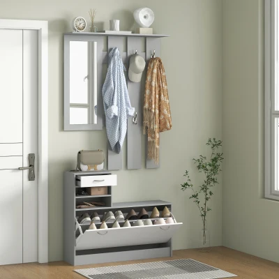 HOMCOM Móvel Cabide de Entrada de 3 Peças Armário de Entrada com Cabide Espelho Sapateira e Gaveta 90x10x102 cm Branco e Cinza