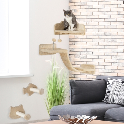 PawHut Conjunto de Prateleiras de Escalada para Gatos de 4 Peças com 2 Postes de Sisal e Plataforma para Saltar Bege