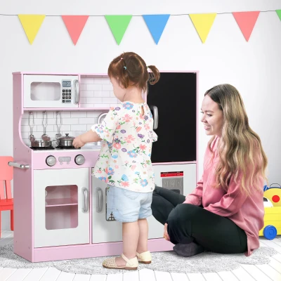 AIYAPLAY Cozinha de Brincar para Crianças acima de 3 anos Cozinha Infantil de Madeira com Acessórios Máquina de Gelo Ardósia e Telefone 83,8x26,8x81 cm Rosa