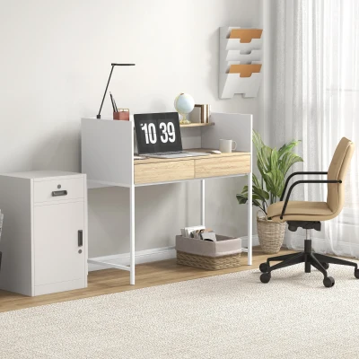 HOMCOM Secretária Moderna Mesa de Escritório com 2 Gavetas e Prateleira Mesa de Estudo 106x51,5x102,5 cm Branco e Carvalho