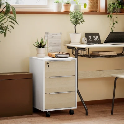 HOMCOM Bloco de Gavetas Móvel de Escritório com 3 Gavetas Fechadura Rodas e Travão para Documentos 40x40x63,5 cm Madeira e Branco