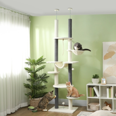 PawHut Arranhador para Gatos do Chão ao Teto 225-255 cm  com 7 Níveis Rede Plataformas Postes de Arranhar Creme e Cinza