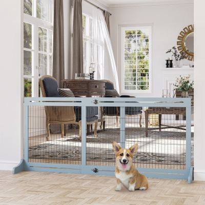 PawHut Barreira de Segurança para Cães de Madeira Extensível com Pés de Suporte para Portas Escada Corredor 104-183x36x69 cm Cinza