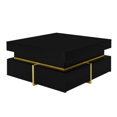 Tavolino da salotto laccato lucido con cassetti e dettagli dorati, Nero