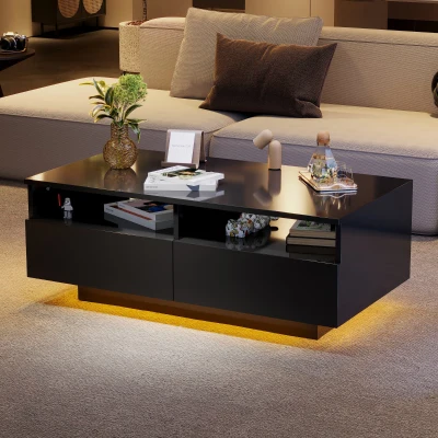 Table basse LED en laque brillante avec 2 tiroirs, Noir