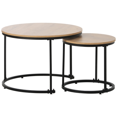Runder Couchtisch 2er Set, Stapelbare Beistelltische aus MDF mit Metallrahmen, Platzsparendes Design, Großer Tisch: 50 x 70,5 cm, Kleiner Tisch: 45,5 x 44 cm,  Eiche