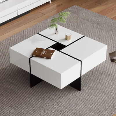 Table basse élégante en finition brillante avec 4 tiroirs, Blanc+Noir