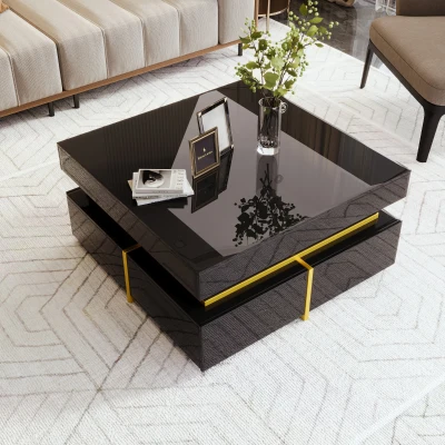 Table basse brillante pour salon avec tiroirs et accents dorés, Noir