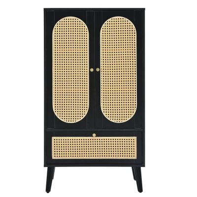 Kompaktes Sideboard, Rattan-Design, 2 Türen, 1 Schublade, Höhenverstellbare Beine, 60×40×110,5 cm, schwarz