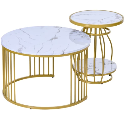 Couchtisch 2er Set, Rund, Wohnzimmer-Tisch mit Metallgestell, MDF und Marmormuster, 70×70×53,5 cm, Weiß