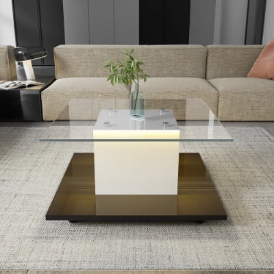 Table basse moderne en verre brillant avec bande LED réglable et roulettes, Blanc+Noir