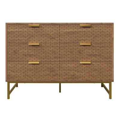 Embossed Design Wood Chest of Drawers with 6 Drawers, Walnut