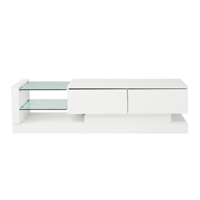 Stilvoller Hochglanz-TV-Schrank, 1,4m Länge, 16-farbige LED-Beleuchtung, für 60-Zoll-Fernseher, mit Glasablage und verstecktem Stauraum, 140×38×38 cm,  Weiß