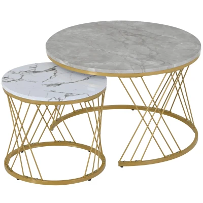 Modernes Nesting Couchtisch-Set, 2er Set, MDF mit Marmormuster, runde Endtische, stabiler Metallrahmen, 70×70×45 cm, Grau