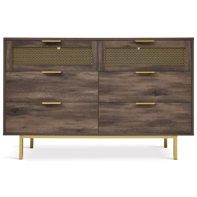 Sideboard Cabinet with 6 Drawers and Metal Handles, Dark Brown