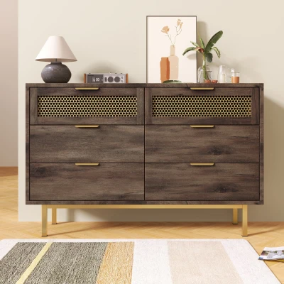 Sideboard Cabinet with 6 Drawers and Metal Handles, Dark Brown