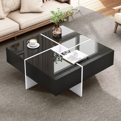 Table basse élégante en finition brillante avec compartiment de rangement intégré et 4 tiroirs, Noir Blanc