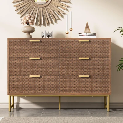 Embossed Design Wood Chest of Drawers with 6 Drawers, Walnut