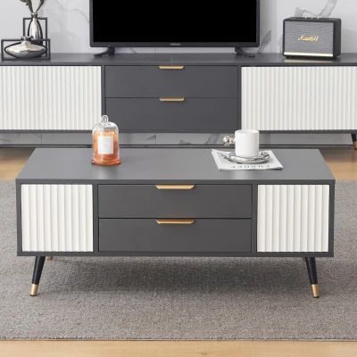 Table basse moderne 100×50×40 cm avec 2 portes, Blanc+gris