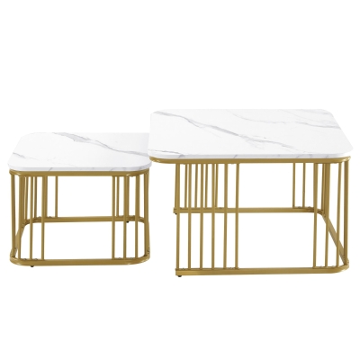 2er Set quadratische Hochglanz-Marmoroptik-Couchtische, ineinander schiebbare Tische mit vergoldeten Beinen, verstellbare Füße, 70×70×45 cm und 50×50×36,5 cm, Weiß