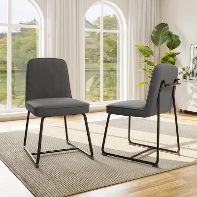 2er Set Esszimmerstühle in Samtoptik, Küchenstuhl mit schwarzem Metallgestell, Polsterstuhl mit Lehne für Esszimmer/Wohnzimmer, 46x45x81,5 cm, Grau