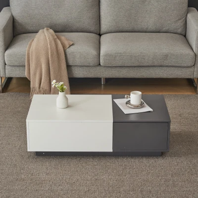 Table basse rectangulaire moderne 100×50×30 cm avec 2 tiroirs à pression, Blanc+gris