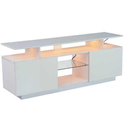 Moderner TV-Schrank mit 16-farbiger LED-Beleuchtung, Hochglanzoberfläche, Glasfächern und 5 offenen Ablagen, 140×35×61 cm, Weiß