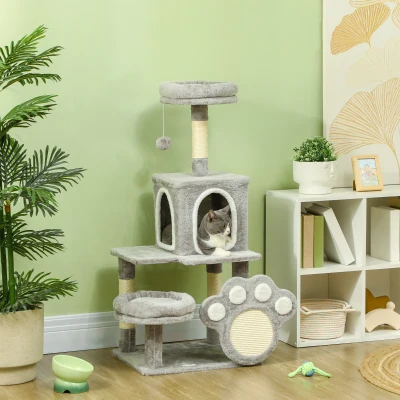 PawHut Arranhador para Gatos Torre para Gatos com Ninho Caverna Plataforma Arranhador Bola Suspensa 48x40x110 cm Cinza Claro