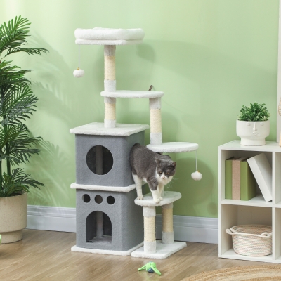 PawHut Arranhador para Gatos 126 cm com Caverna Plataformas Bolas Suspensas e Poste de Sisal 56x34x126 cm Cinza e Creme