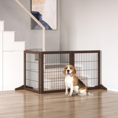 PawHut Barreira de Segurança para Cães de 3 Paineis com Estrutura de Madeira e Pés de Apoio 185x36x71 cm Marrom