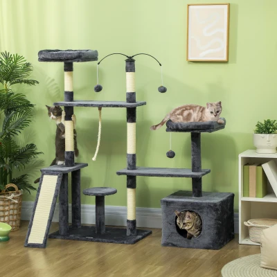PawHut Arranhador para Gatos 134 cm com Caverna Plataformas Bolas de Jogar e Postes de Sisal 124,5x40x134 cm Cinza Escuro
