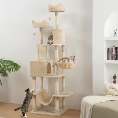 PawHut Arranhador para Gatos Grande Altura 173 cm Torre para Gatos com Plataformas Caverna Bolas Suspensa e Rede Bege
