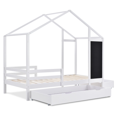 Letto per bambini 6+ anni con Lavagna, Recinzione e Cassetti, 90x200 cm, Bianco