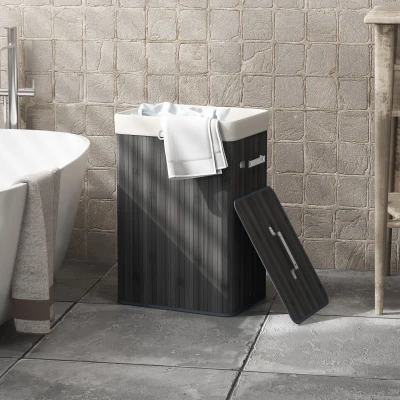 HOMCOM Cesto de Roupa de Bambu Dobrável Cesto para Roupa Suja com Tampa e Bolsa Amovível 40x30x60 cm Cinza Escuro