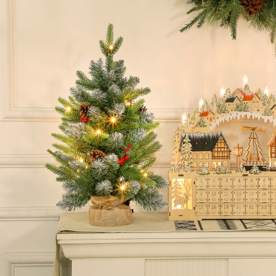 HOMCOM Árvore de Natal de Mesa 60 cm com 20 Luzes LED 141 Ramos 5 Pinhas 5 Bagas Vermelhas e Suporte de Metal para Interior Verde