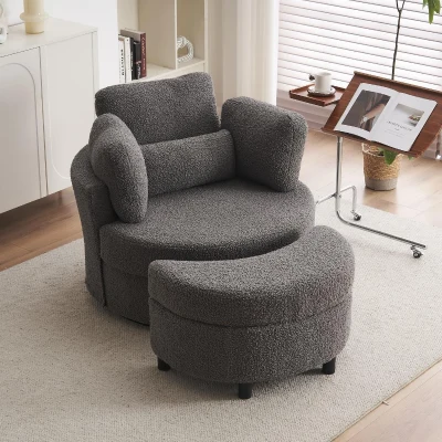 Teddy Swivel Armchair with 3 Back Cushions and Crescent Ottoman Stool, Medium Grey