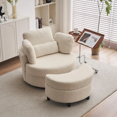 Teddy Swivel Armchair with 3 Back Cushions and Crescent Ottoman Stool, White