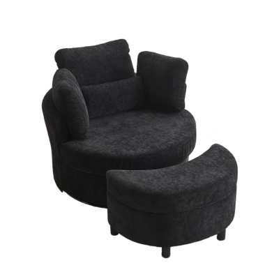 360° Swivel Bedroom Chairs with 3 Back Cushions and Crescent Ottoman Stool, Black