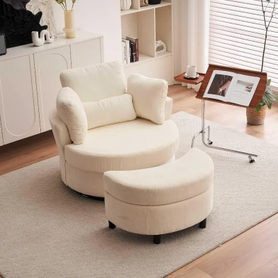 Chenille Swivel Armchair with 3 Back Cushions and Crescent Ottoman Stool, Ivory