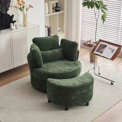 Chenille Swivel Armchair with 3 Back Cushions and Crescent Ottoman Stool, Green