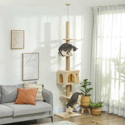 PawHut Arranhador para Gatos do Chão ao Teto de 225-265 cm  com Altura Ajustável Múltiplas Plataformas Escada Bola Suspensa Bege