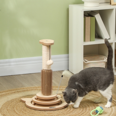 PawHut Arranhador para Gatos 49 cm Mini Arranhador para Gatos com Poste de Sisal com Pena e Bola de Brincar 32x32x49 cm Carvalho