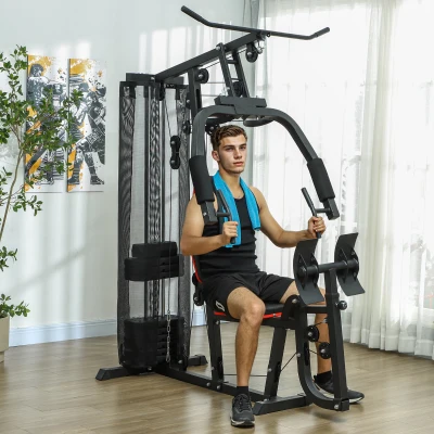 SPORTNOW Domowa Stacja Fitness z Blokami Wagowymi 45 kg, Wysoki Drążek, Stacja Piersiowa, Prasa do Nóg dla Wszechstronnego Treningu