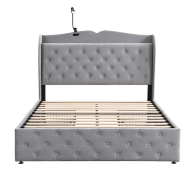 Upholstered Double Bed with Storage Drawers, Gray